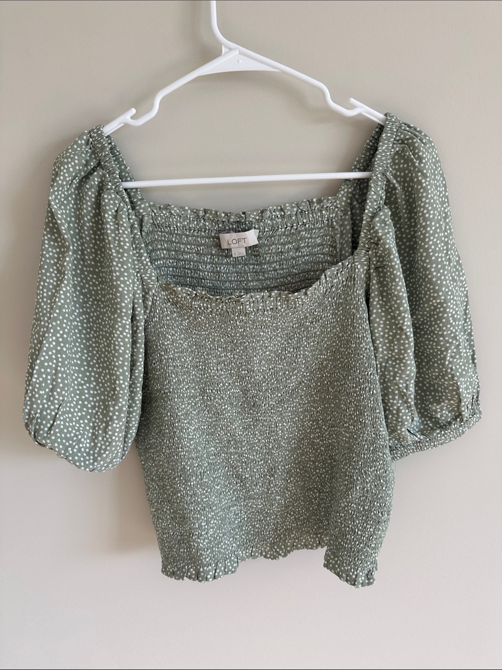 LOFT Sage Green Smocked Square Neck Cropped Puff Sleeve Blouse